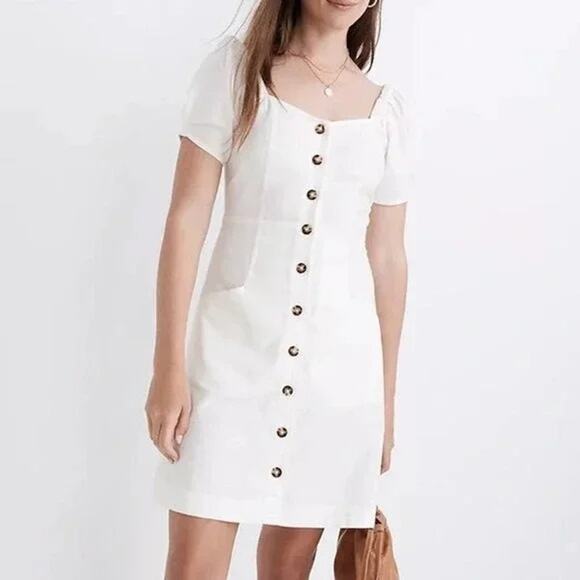Madewell Dresses & Skirts - Madewell White Linen Cotton Short Puff Sleeve Button Down Mini Dress Women's 2